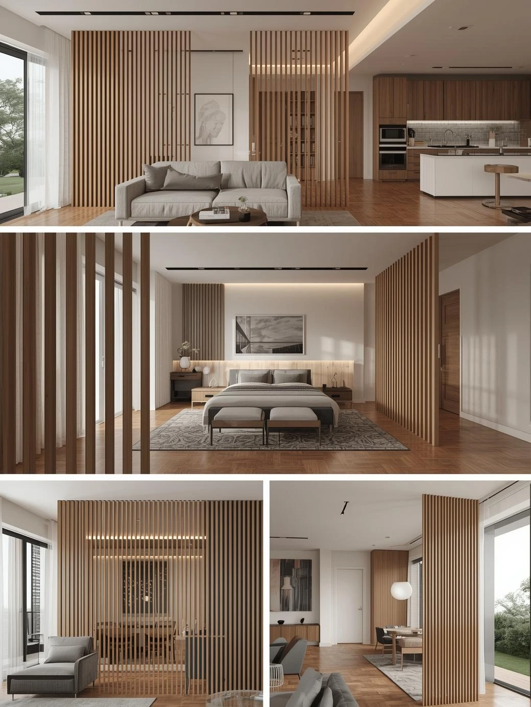 A slatted partition in a living room, serving a decorative and practical purpose and dividing the space without restricting light.